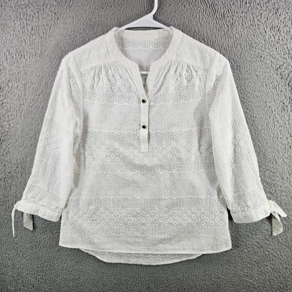 Marc New York White Eyelet Lace Blouse 3/4 Sleeve Tie Cuff Boho Top Womens XS